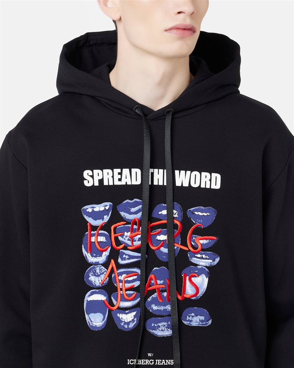 Chill Fit Hoodie in black cotton diagonal fleece with Bocche print and Iceberg logo embroidery - Iceberg - Official Website