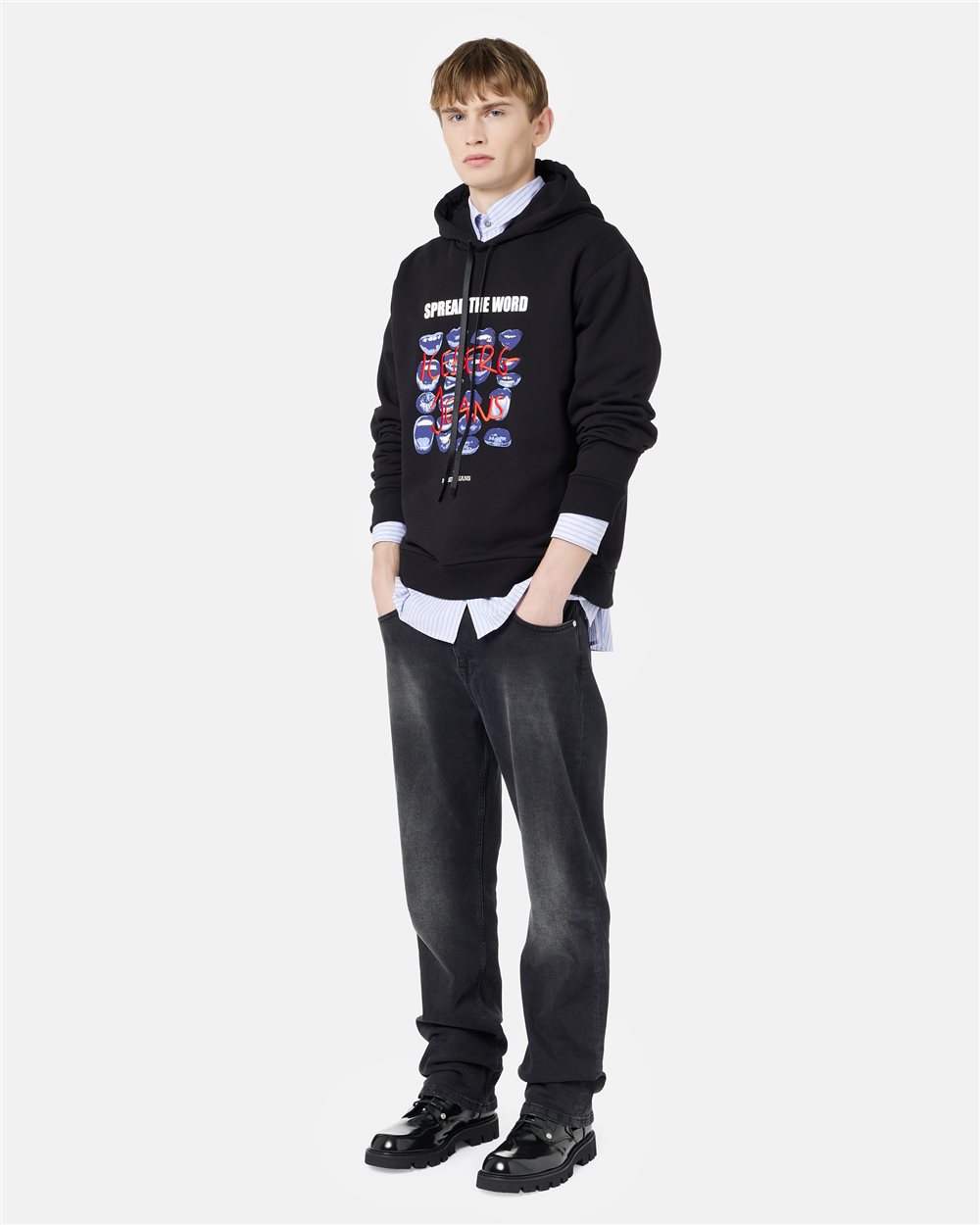 Chill Fit Hoodie in black cotton diagonal fleece with Bocche print and Iceberg logo embroidery - Iceberg - Official Website