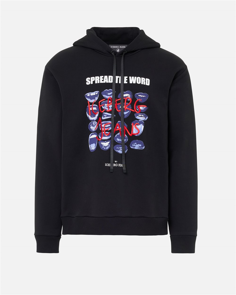 Chill Fit Hoodie in black cotton diagonal fleece with Bocche print and Iceberg logo embroidery - Iceberg - Official Website