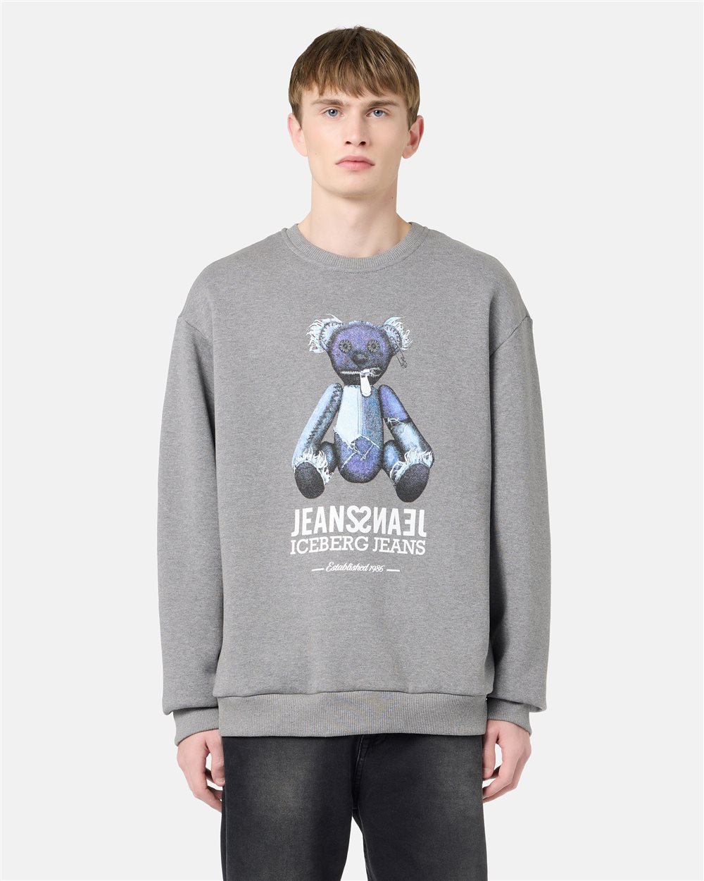 Relaxed fit crew neck sweater in melange grey cotton brushed fleece - Iceberg - Official Website