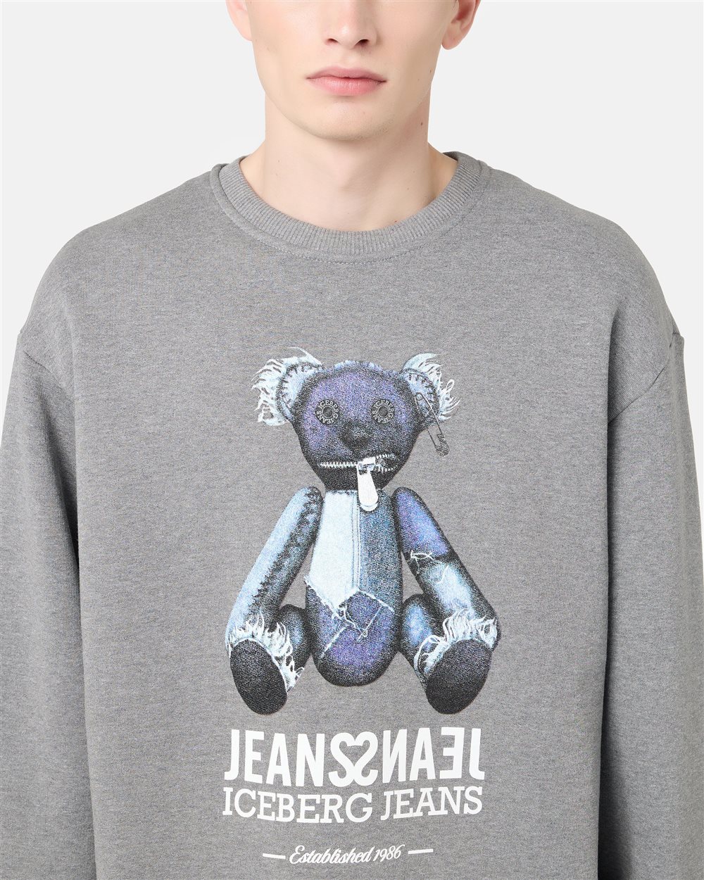 Relaxed fit crew neck sweater in melange grey cotton brushed fleece - Iceberg - Official Website