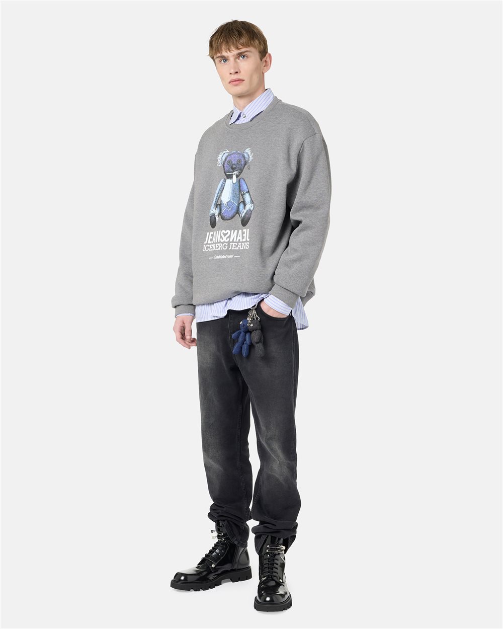 Relaxed fit crew neck sweater in melange grey cotton brushed fleece - Iceberg - Official Website
