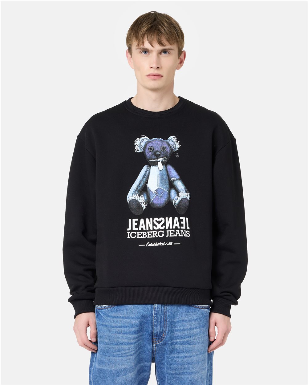 Relaxed fit crew neck sweater in black cotton brushed fleece - Iceberg - Official Website