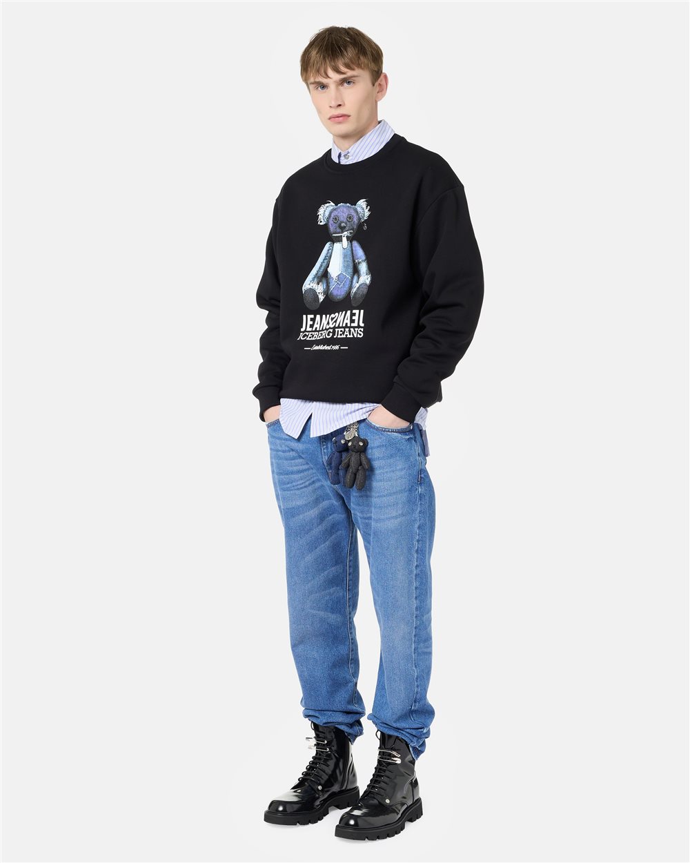 Relaxed fit crew neck sweater in black cotton brushed fleece - Iceberg - Official Website