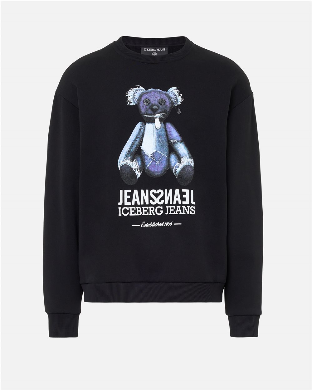 Relaxed fit crew neck sweater in black cotton brushed fleece - Iceberg - Official Website
