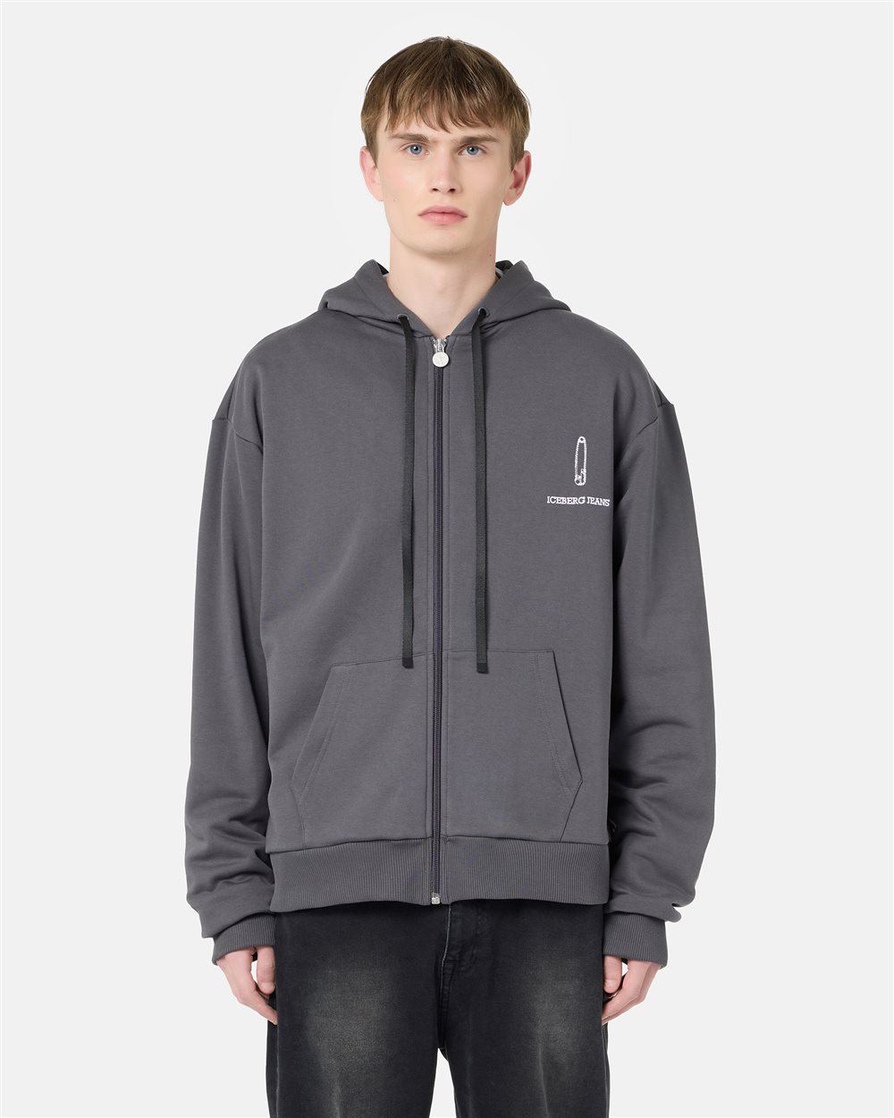 Regular fit hoodie in black cotton diagonal fleece with hood, logo print and 1986 date embroidery - Iceberg - Official Website
