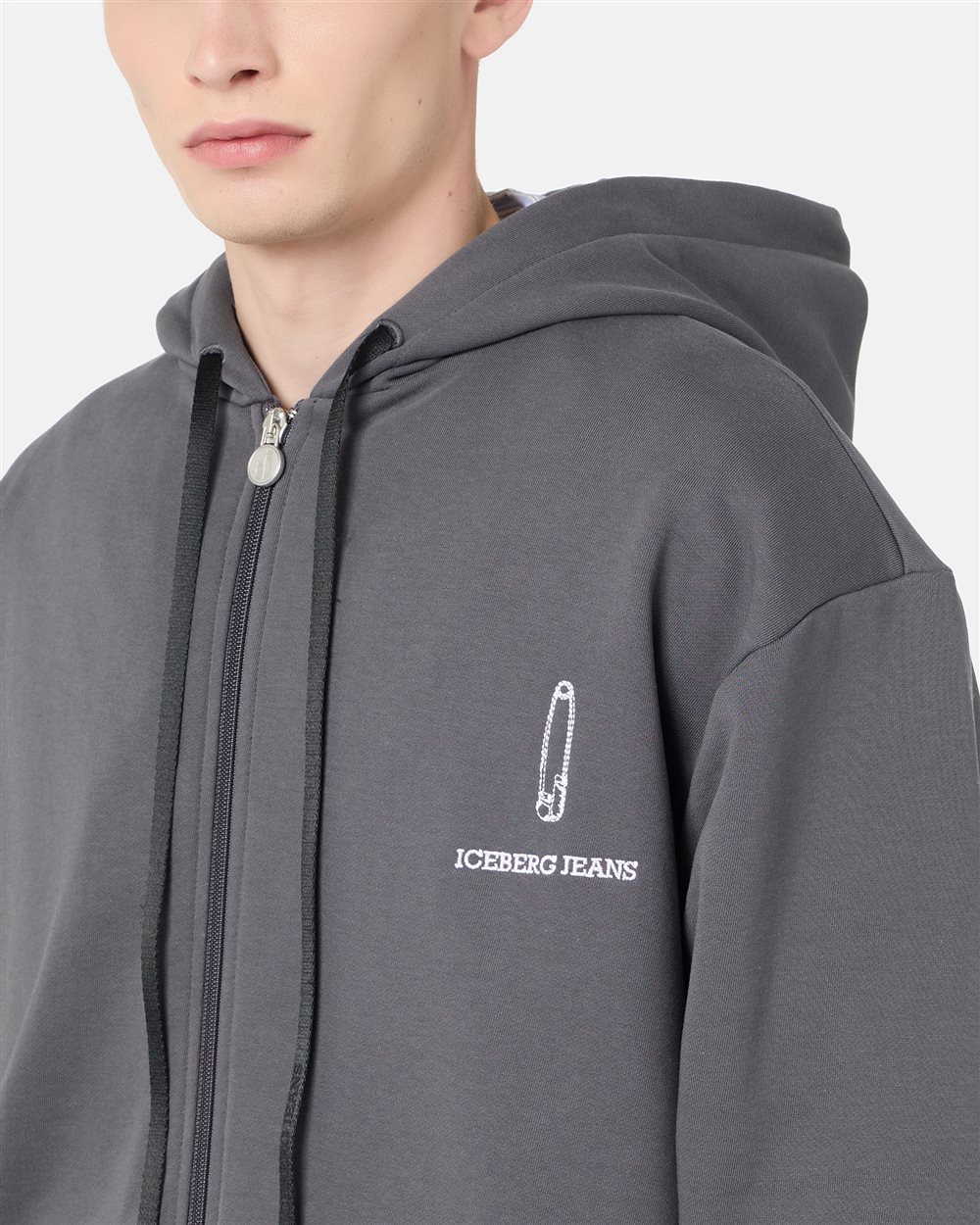 Regular fit hoodie in black cotton diagonal fleece with hood, logo print and 1986 date embroidery - Iceberg - Official Website