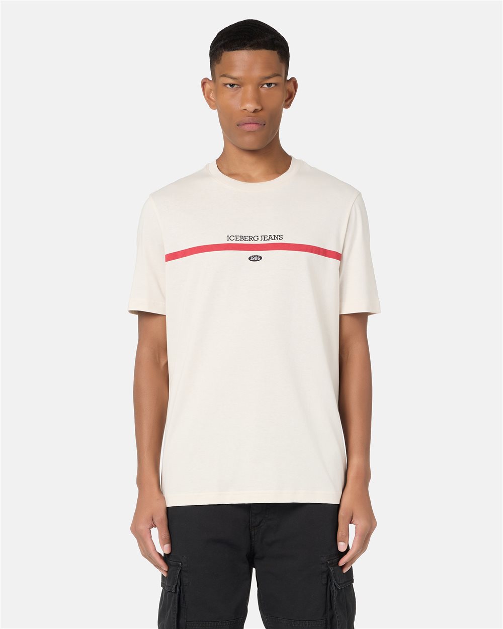 Regular-fit ivory cotton jersey T-shirt with logo details and 1986 embroidery - Iceberg - Official Website