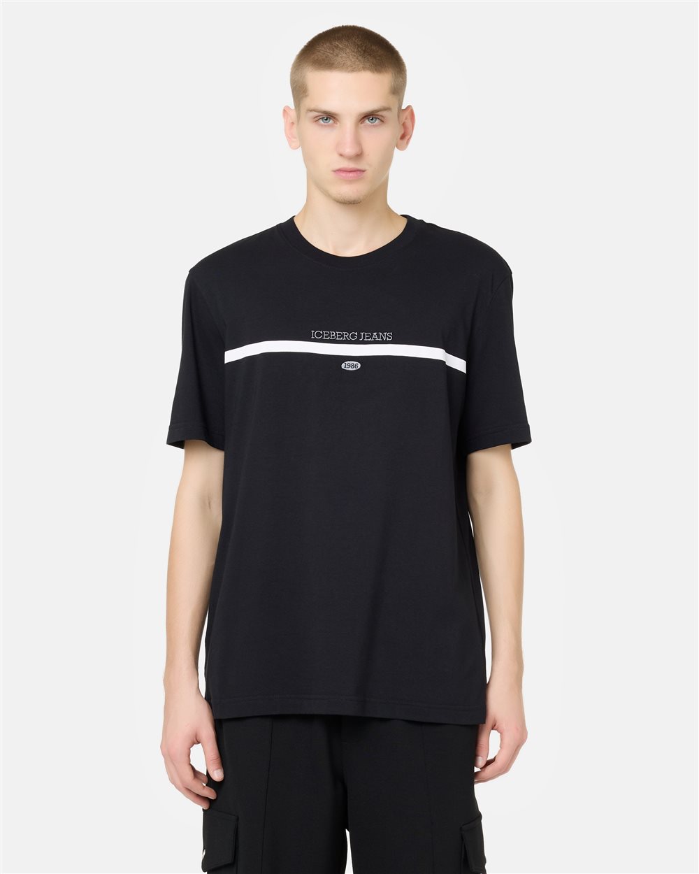 Regular fit black cotton jersey T-shirt with logo details and 1986 embroidery - Iceberg - Official Website