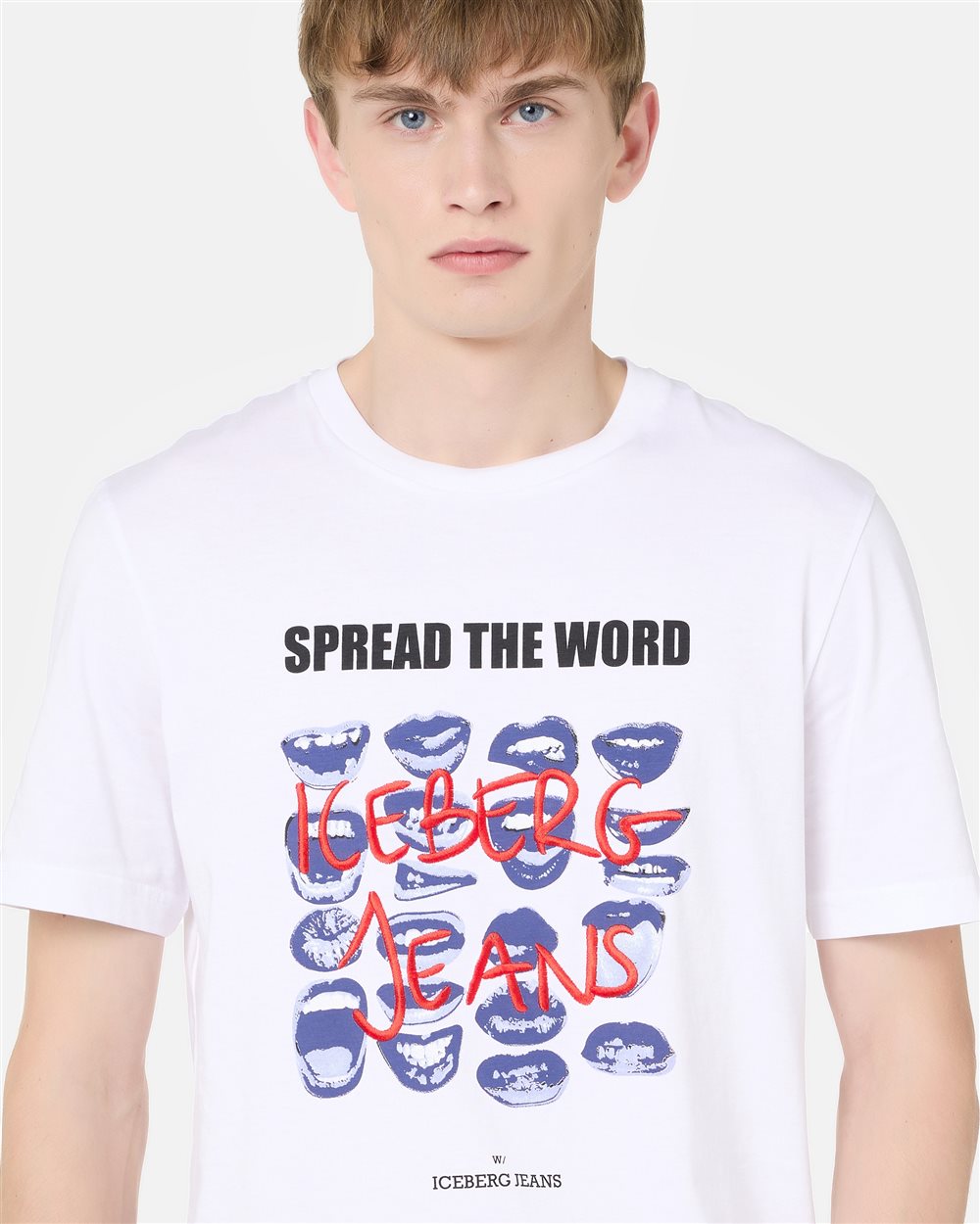 Regular Fit T-shirt in Optical White Cotton Jersey with Mouth Print and Iceberg Logo Embroidery - Iceberg - Official Website