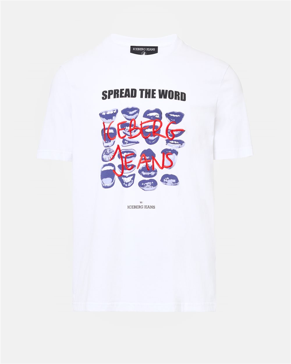 Regular Fit T-shirt in Optical White Cotton Jersey with Mouth Print and Iceberg Logo Embroidery - Iceberg - Official Website