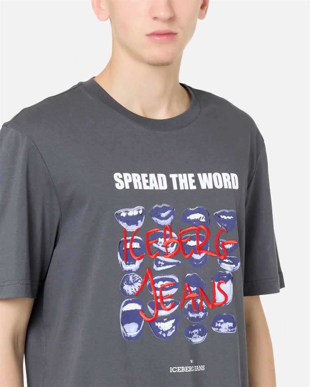 Regular Fit T-shirt in Lead Grey Cotton Jersey with Mouth Print and Iceberg Logo Embroidery - Iceberg - Official Website