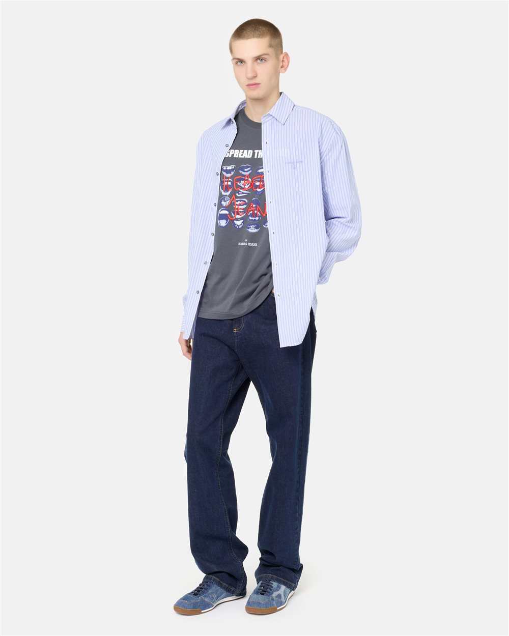 Regular Fit T-shirt in Lead Grey Cotton Jersey with Mouth Print and Iceberg Logo Embroidery - Iceberg - Official Website