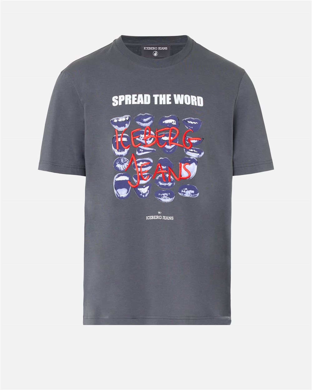 Regular Fit T-shirt in Lead Grey Cotton Jersey with Mouth Print and Iceberg Logo Embroidery - Iceberg - Official Website