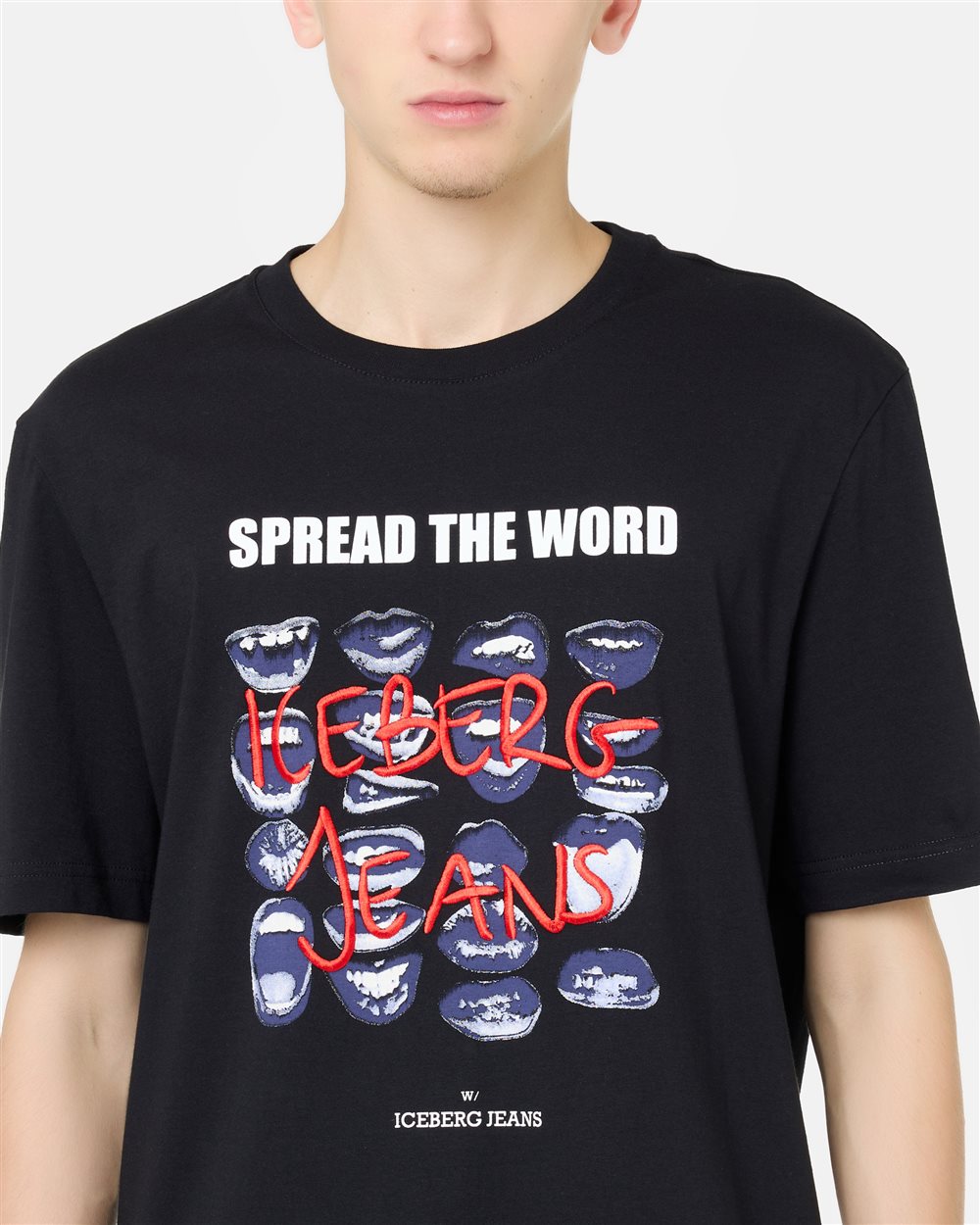 Regular Fit T-shirt in Black Cotton Jersey with Mouth Print and Iceberg Logo Embroidery - Iceberg - Official Website