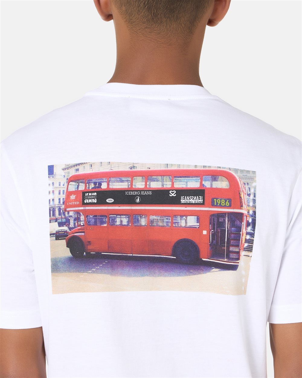 Regular-fit T-shirt in optical white cotton jersey with logo embroidery and Doubledecker print - Iceberg - Official Website