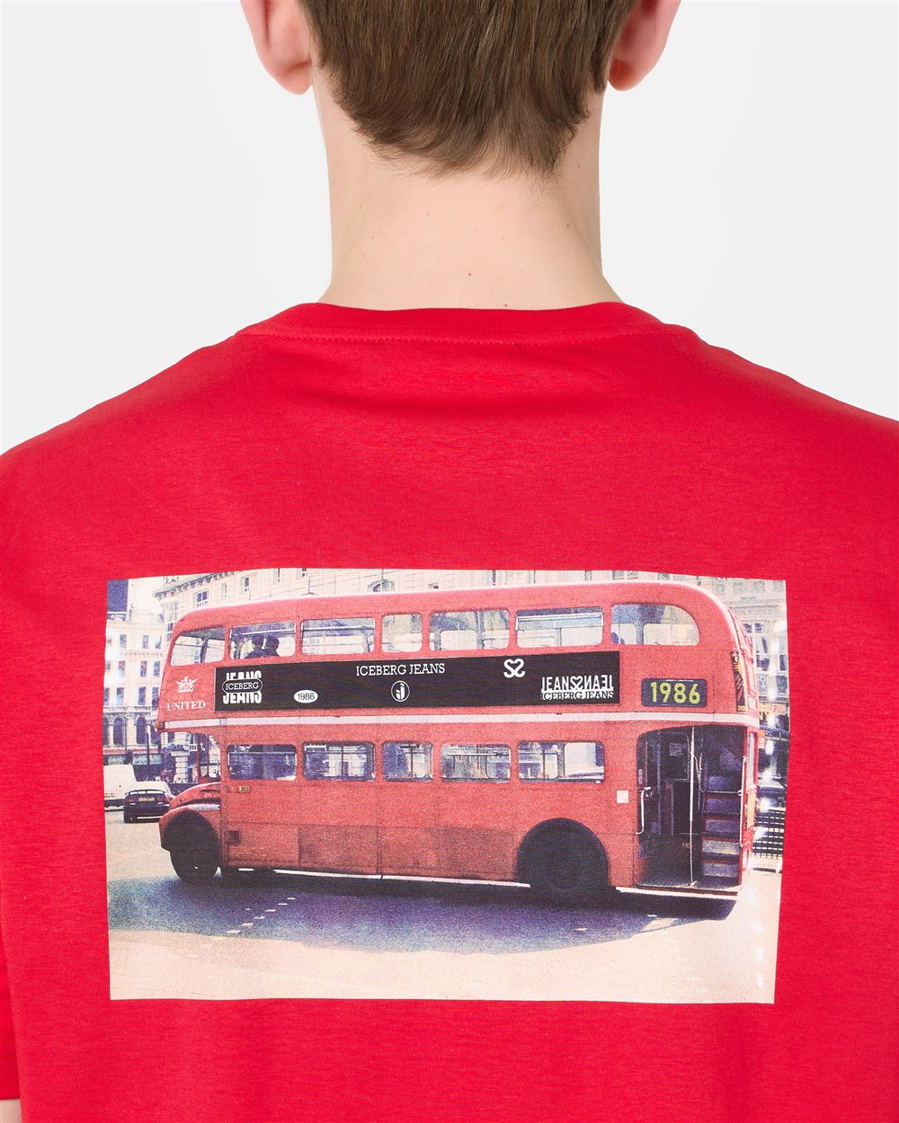 Regular-fit red cotton jersey T-shirt with logo embroidery and Doubledecker print - Iceberg - Official Website