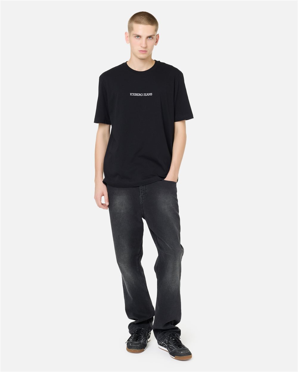 Regular-fit black cotton jersey T-shirt with logo embroidery and Doubledecker print - Iceberg - Official Website