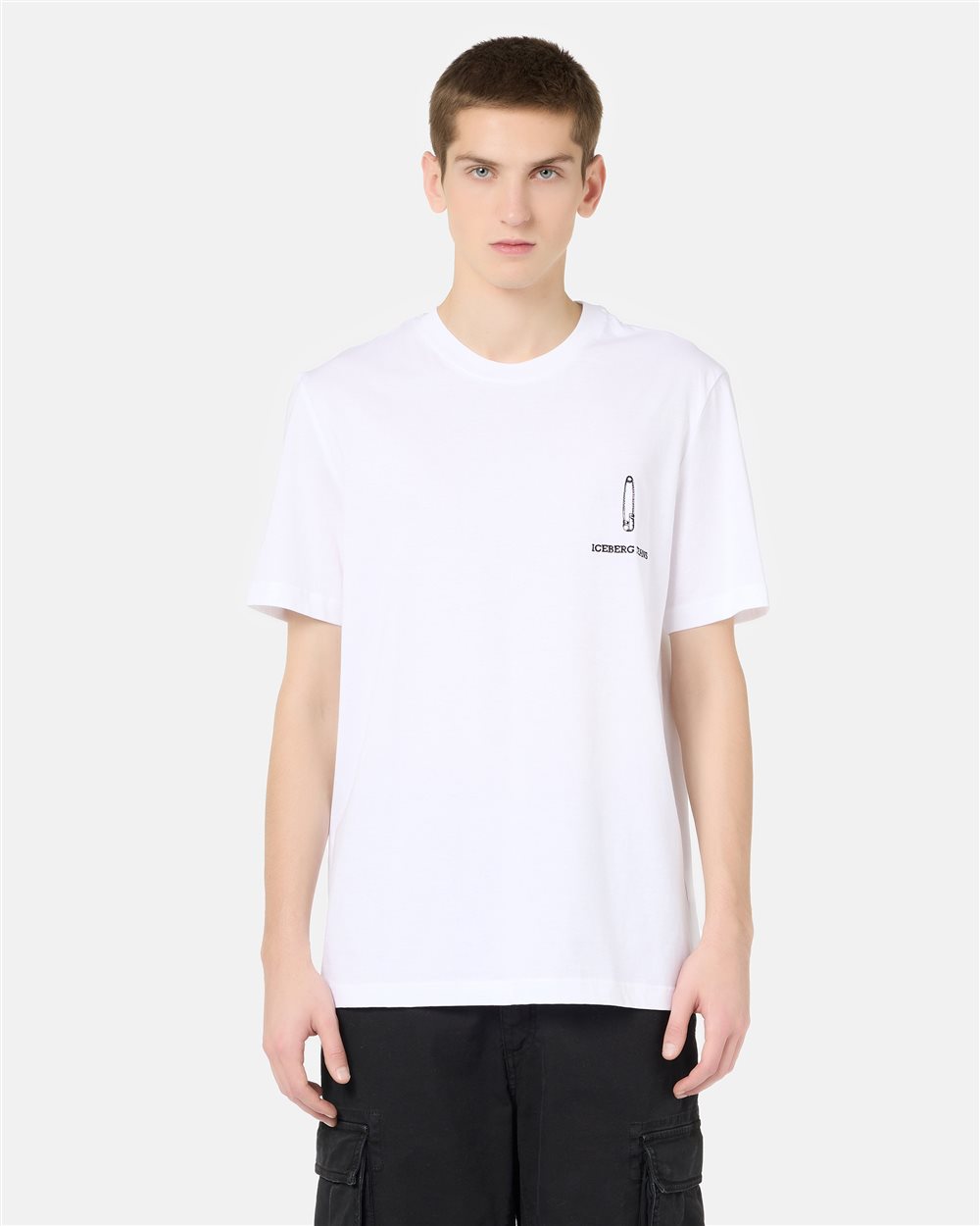 Regular Fit T-shirt in Optical White Cotton Jersey with Iceberg Logo Embroidery and Allover Print - Iceberg - Official Website