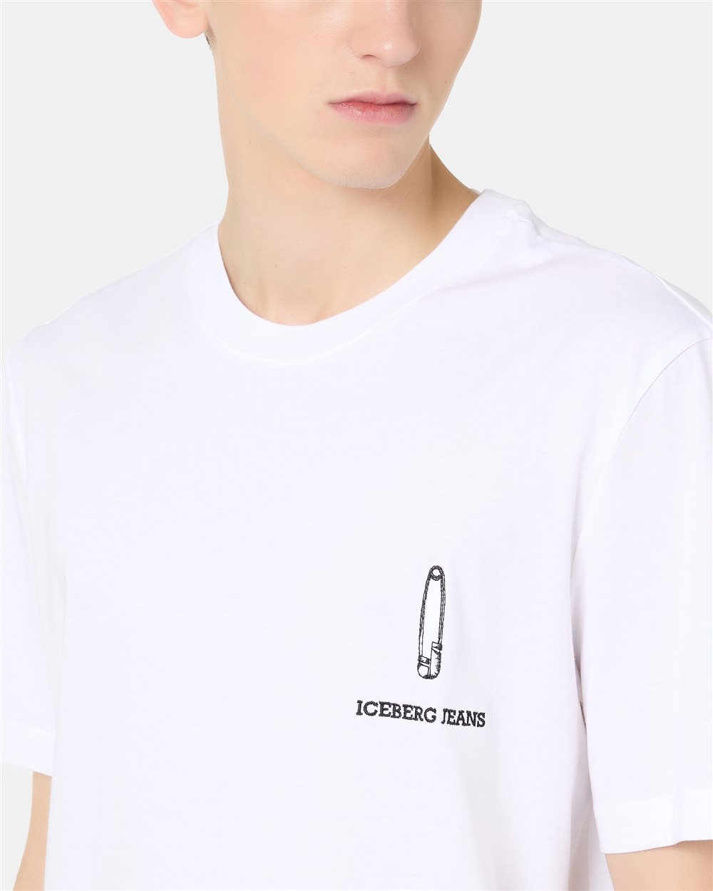 Regular Fit T-shirt in Optical White Cotton Jersey with Iceberg Logo Embroidery and Allover Print - Iceberg - Official Website