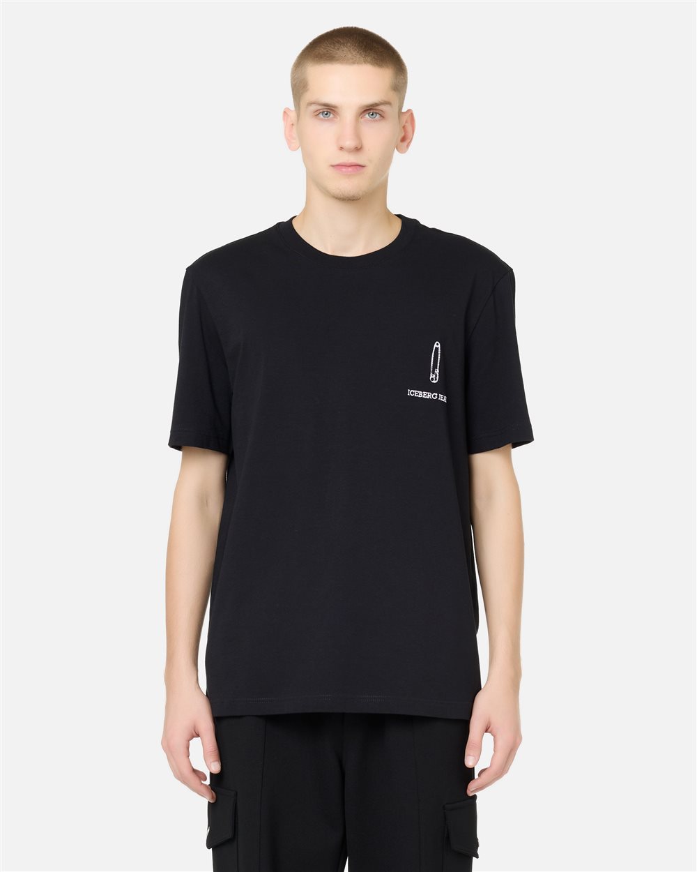 Regular Fit T-shirt in Black Cotton Jersey with Iceberg Logo Embroidery and Allover Print - Iceberg - Official Website