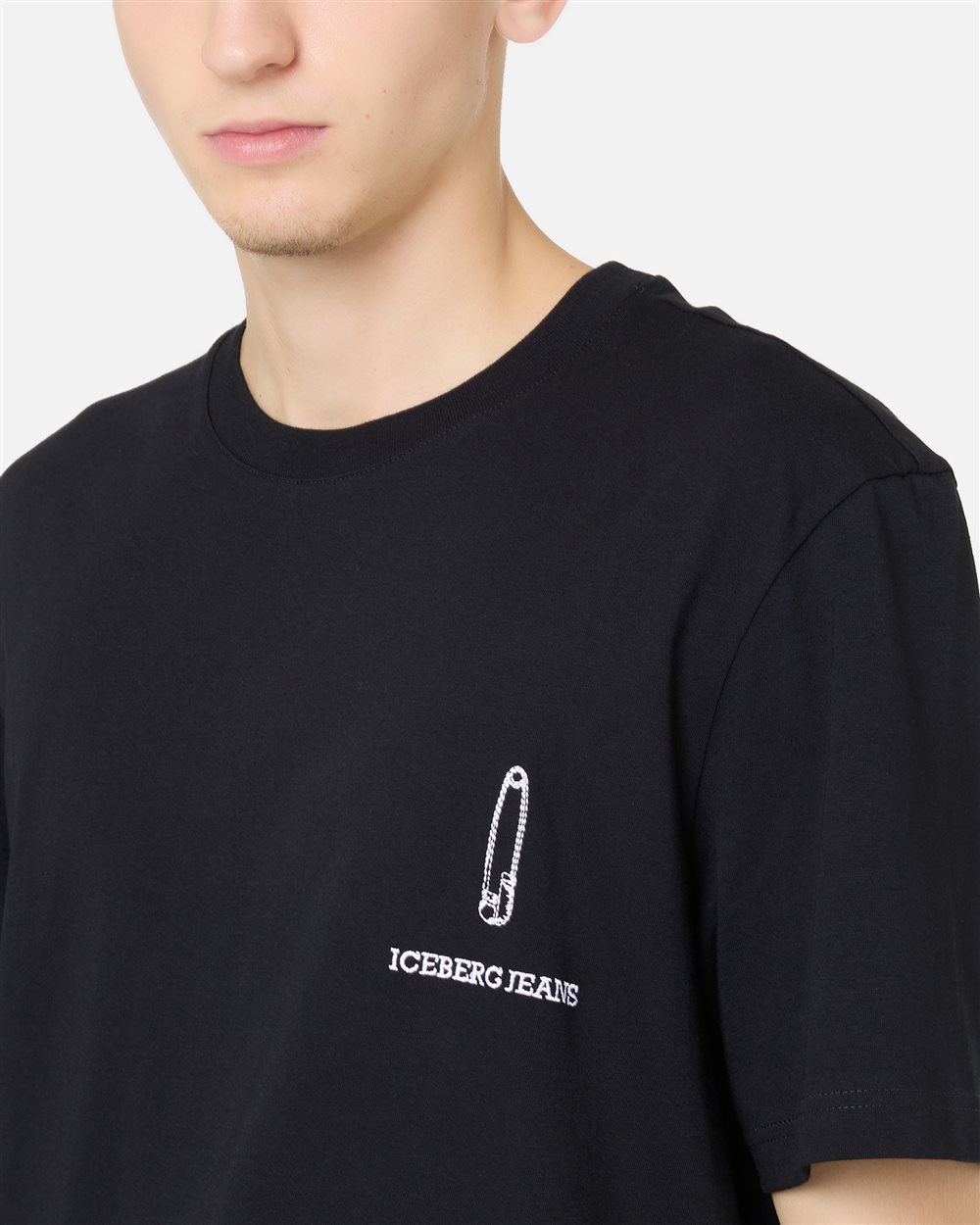 Regular Fit T-shirt in Black Cotton Jersey with Iceberg Logo Embroidery and Allover Print - Iceberg - Official Website