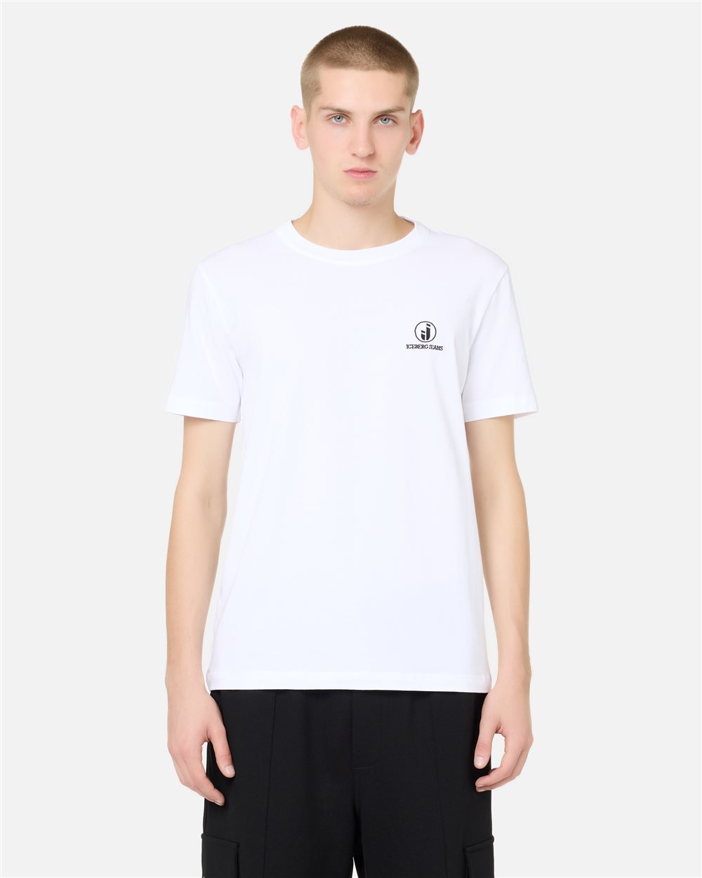 Slim Fit T-shirt in Stretch Cotton Jersey in Optical White with Iceberg IJ Logo Embroidery - Iceberg - Official Website