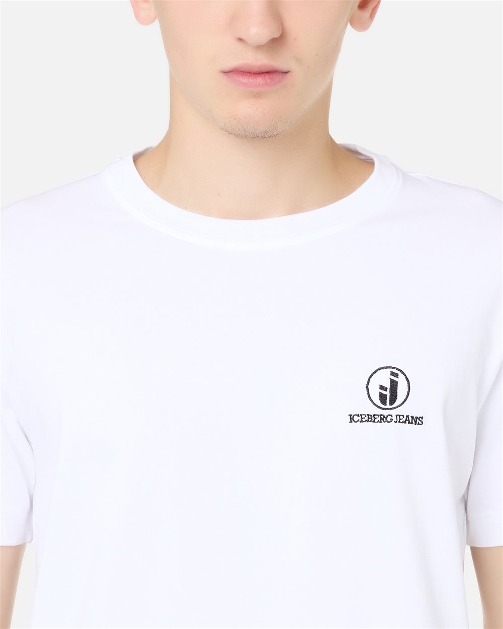Slim Fit T-shirt in Stretch Cotton Jersey in Optical White with Iceberg IJ Logo Embroidery - Iceberg - Official Website