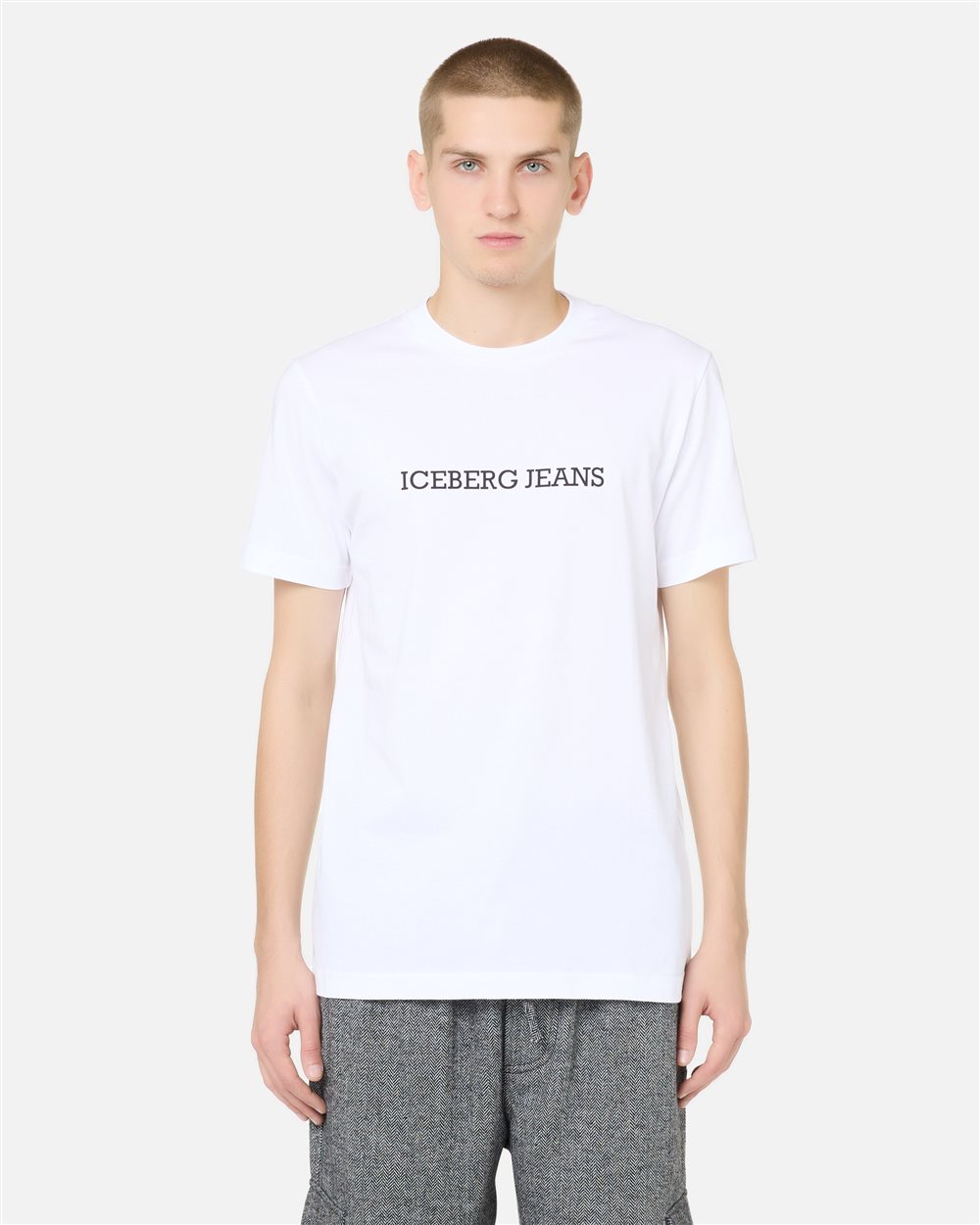 Slim Fit T-shirt in Optical White Cotton Jersey with Iceberg Logo Print - Iceberg - Official Website
