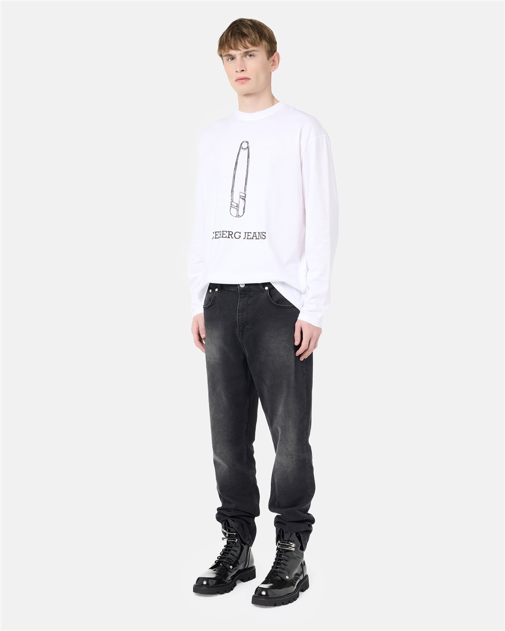 Relaxed Fit Optic White Cotton Jersey Long Sleeve T-Shirt - Iceberg - Official Website