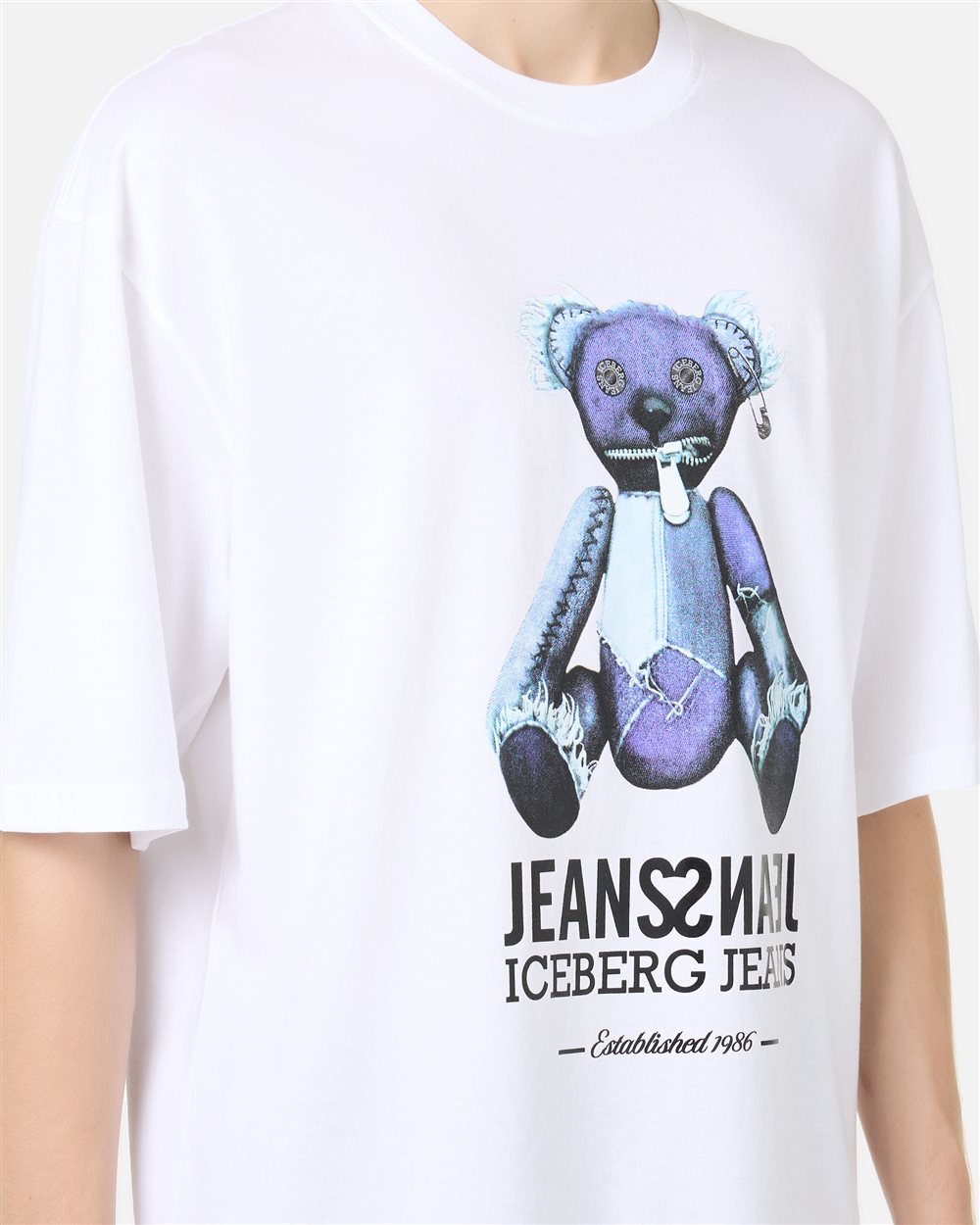 Optical white T-shirt with denim teddy bear print and shiny logo - Iceberg - Official Website