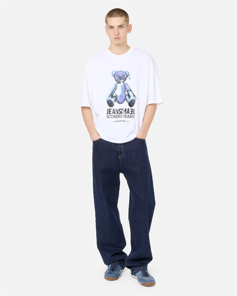 Optical white T-shirt with denim teddy bear print and shiny logo - Iceberg - Official Website
