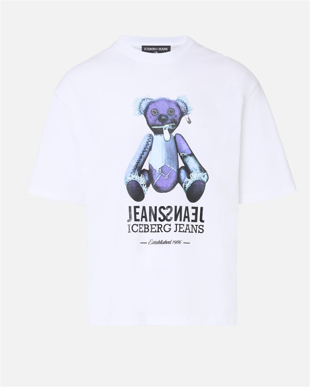 Optical white T-shirt with denim teddy bear print and shiny logo - Iceberg - Official Website