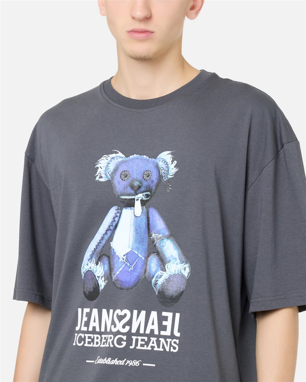 Lead grey T-shirt with denim teddy bear print and shiny logo - Iceberg - Official Website