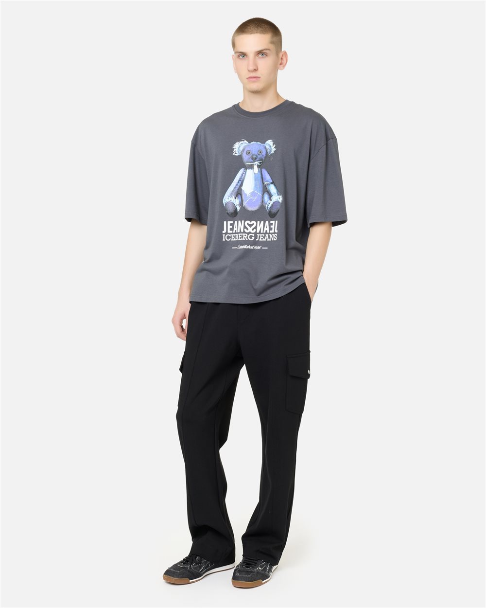 Lead grey T-shirt with denim teddy bear print and shiny logo - Iceberg - Official Website