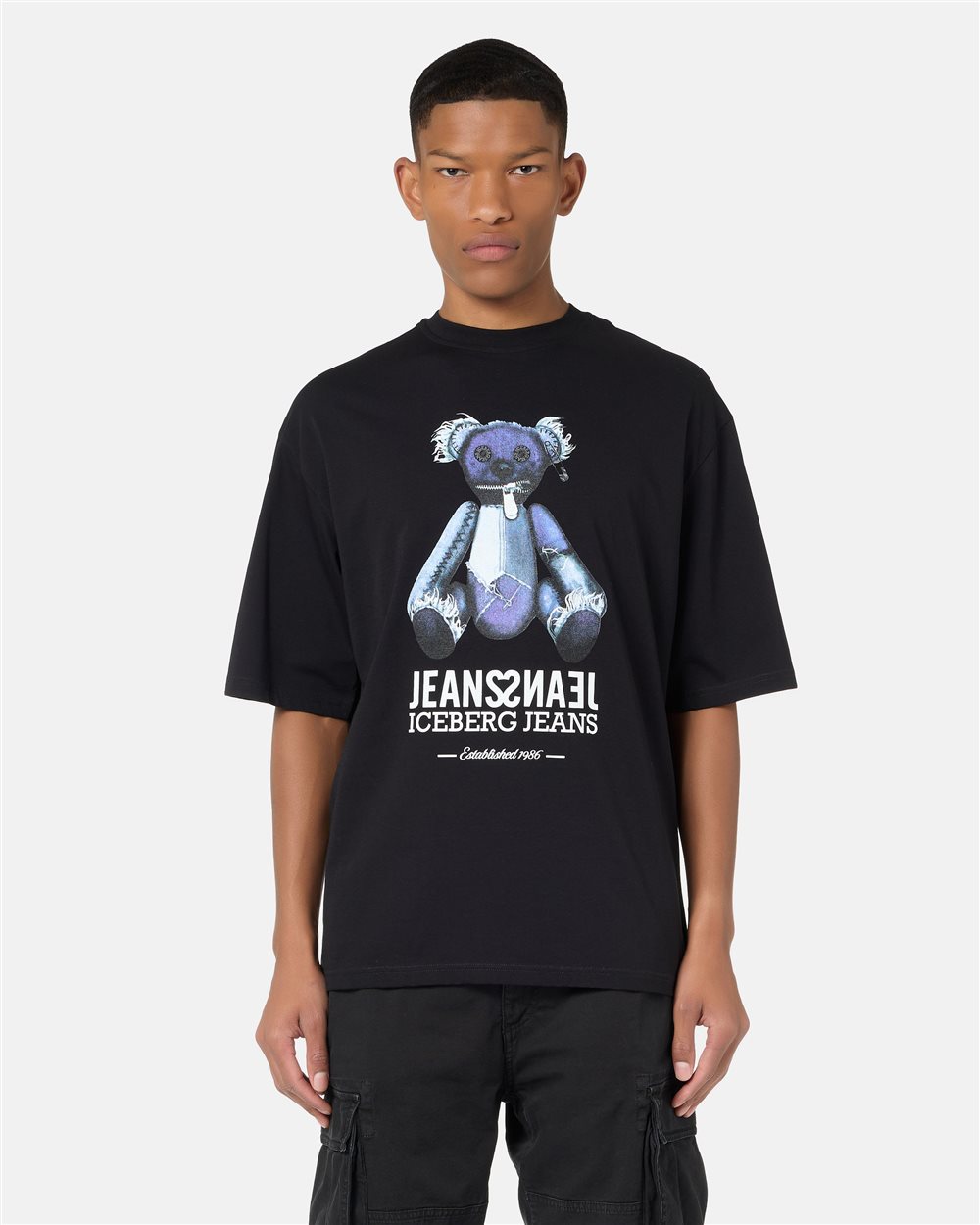Black T-shirt with denim teddy bear print and shiny logo - Iceberg - Official Website