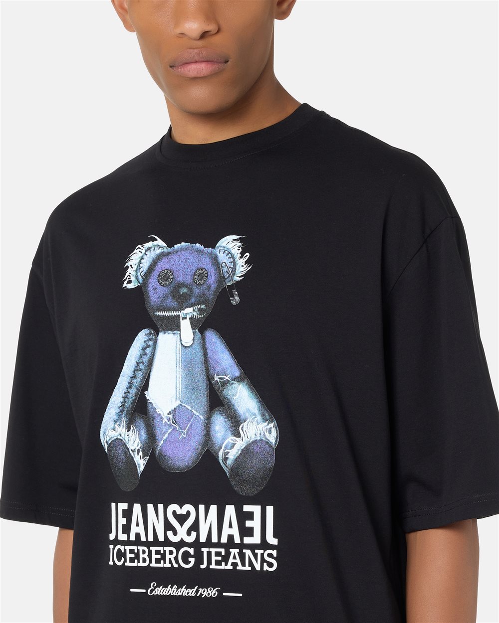 Black T-shirt with denim teddy bear print and shiny logo - Iceberg - Official Website
