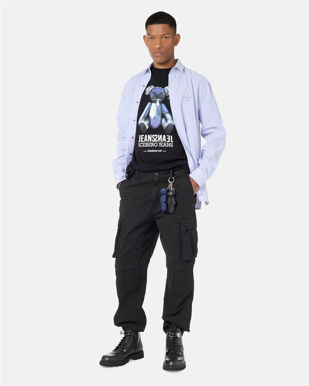 Black T-shirt with denim teddy bear print and shiny logo - Iceberg - Official Website