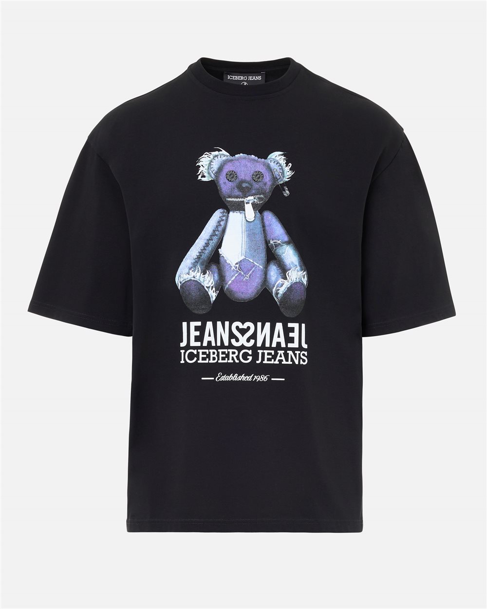 Black T-shirt with denim teddy bear print and shiny logo - Iceberg - Official Website
