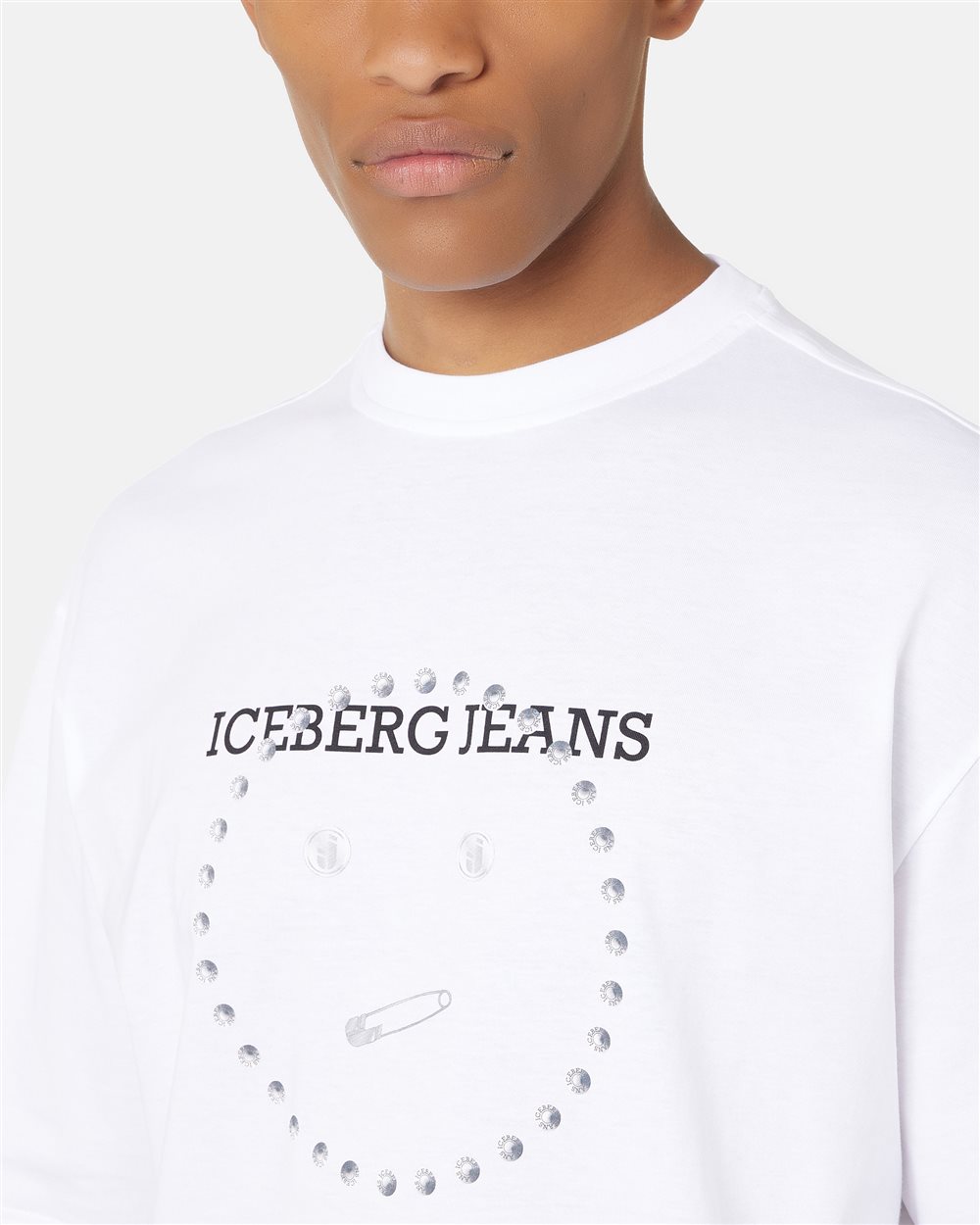 Relaxed fit T-shirt in optical white cotton jersey with Smile print in logoed metal - Iceberg - Official Website