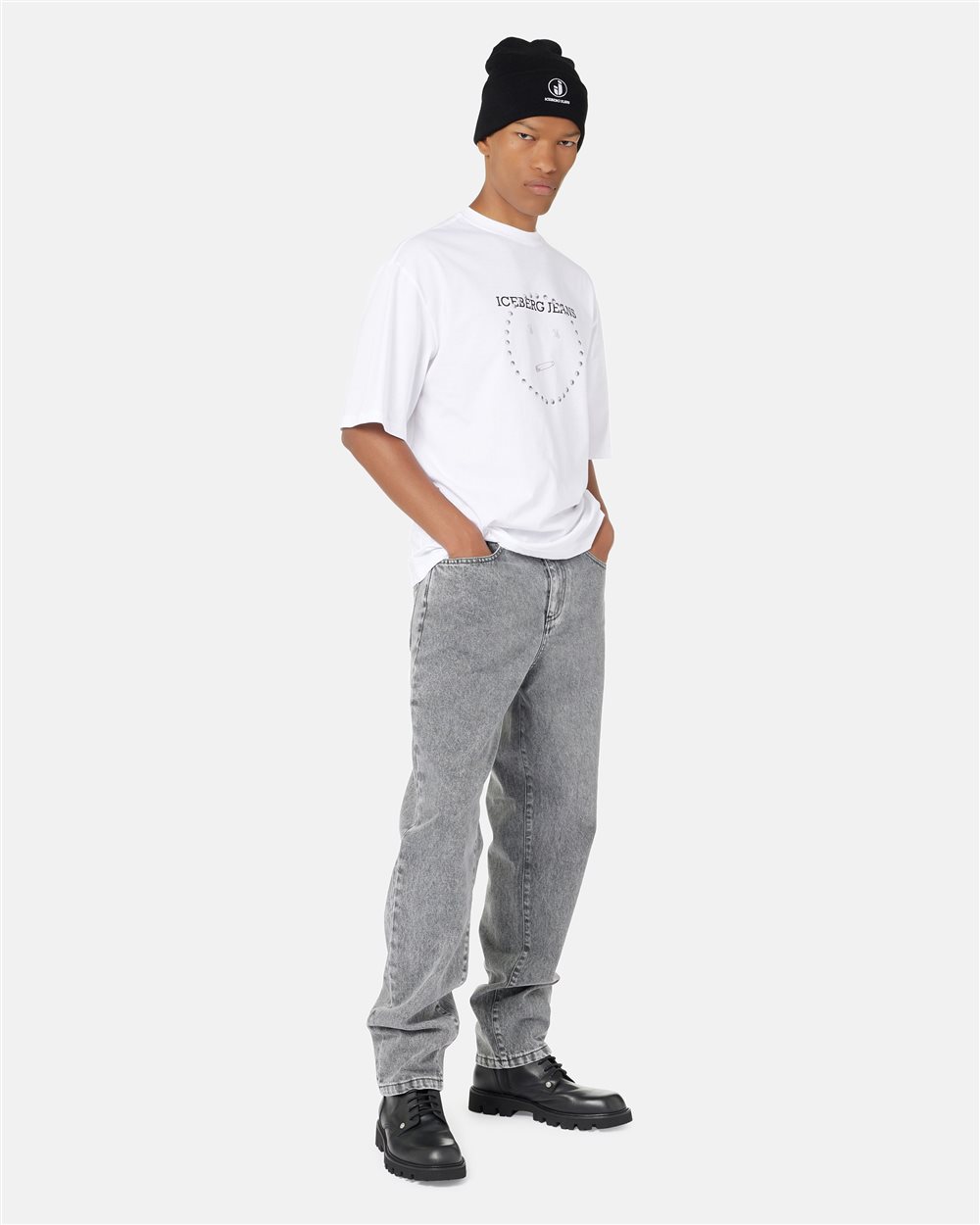 Relaxed fit T-shirt in optical white cotton jersey with Smile print in logoed metal - Iceberg - Official Website