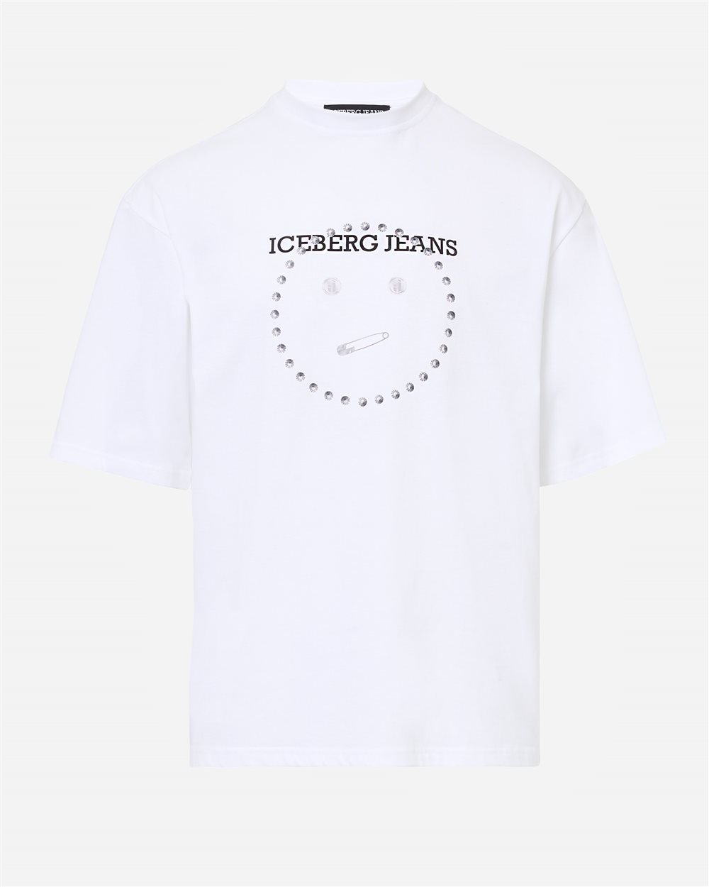 Relaxed fit T-shirt in optical white cotton jersey with Smile print in logoed metal - Iceberg - Official Website
