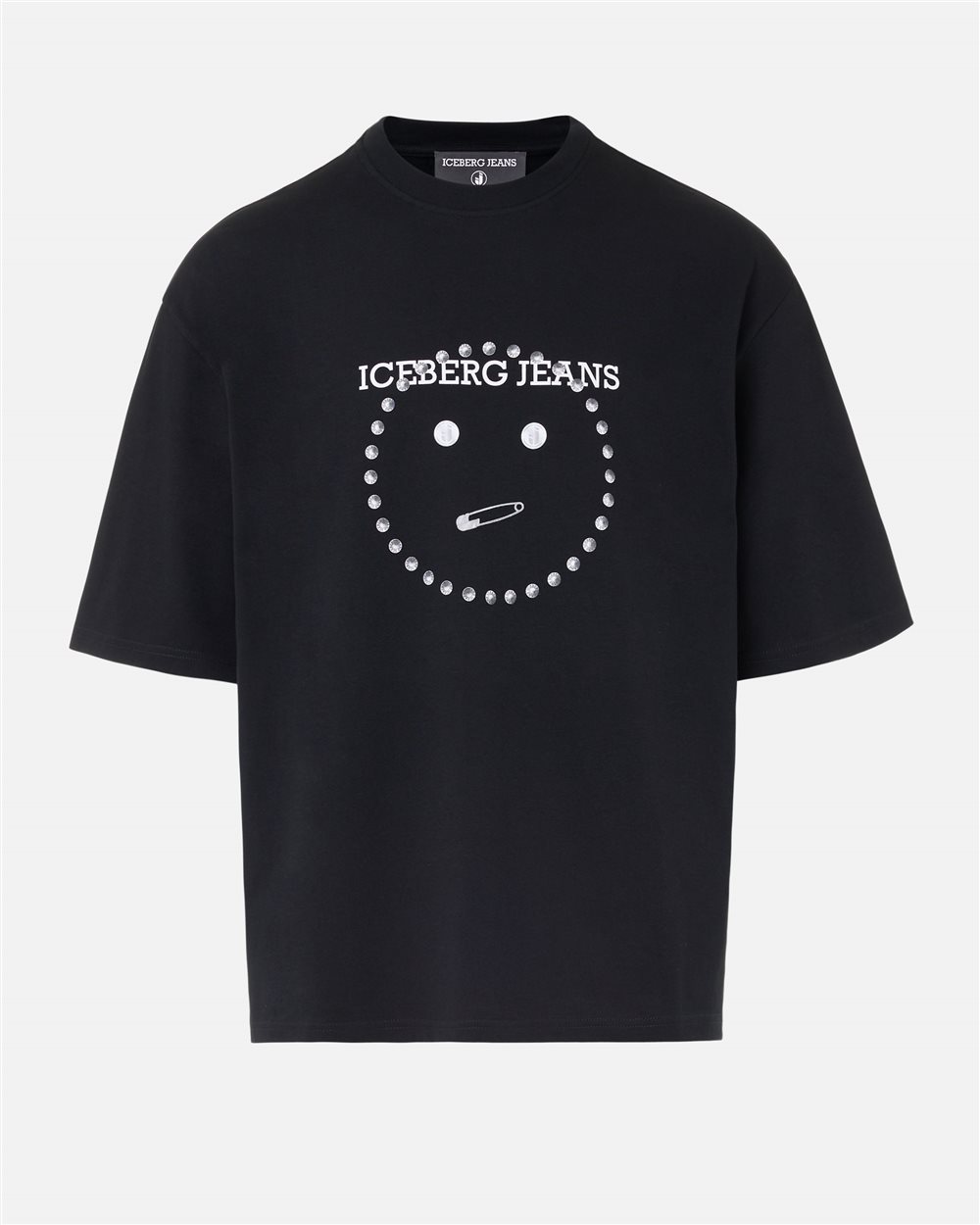 Relaxed fit black T-shirt in optical white cotton jersey with Smile print in logoed metal - Iceberg - Official Website
