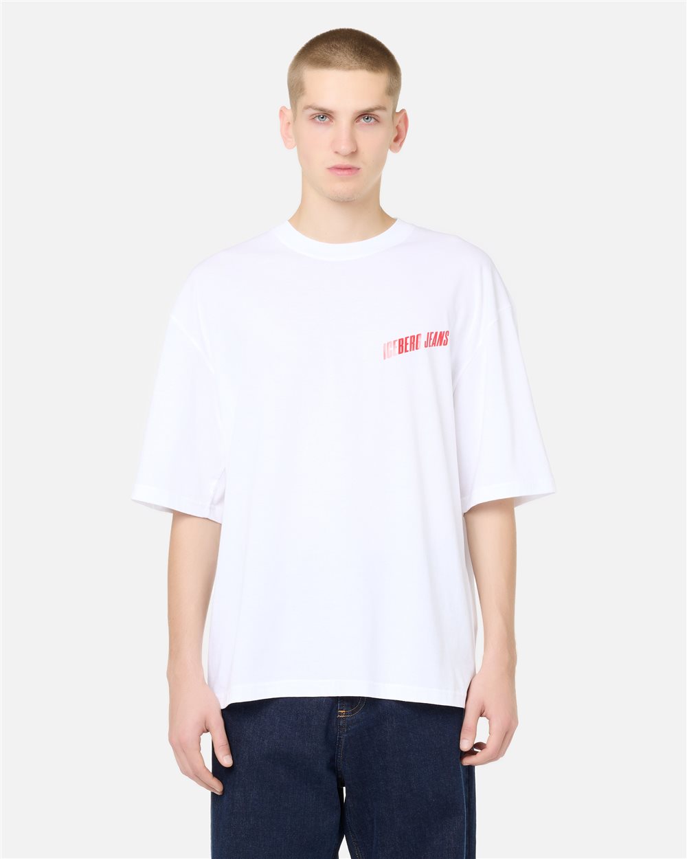 Relaxed Fit T-shirt in Optical White Cotton Jersey with Brilliant Blue Print - Iceberg - Official Website