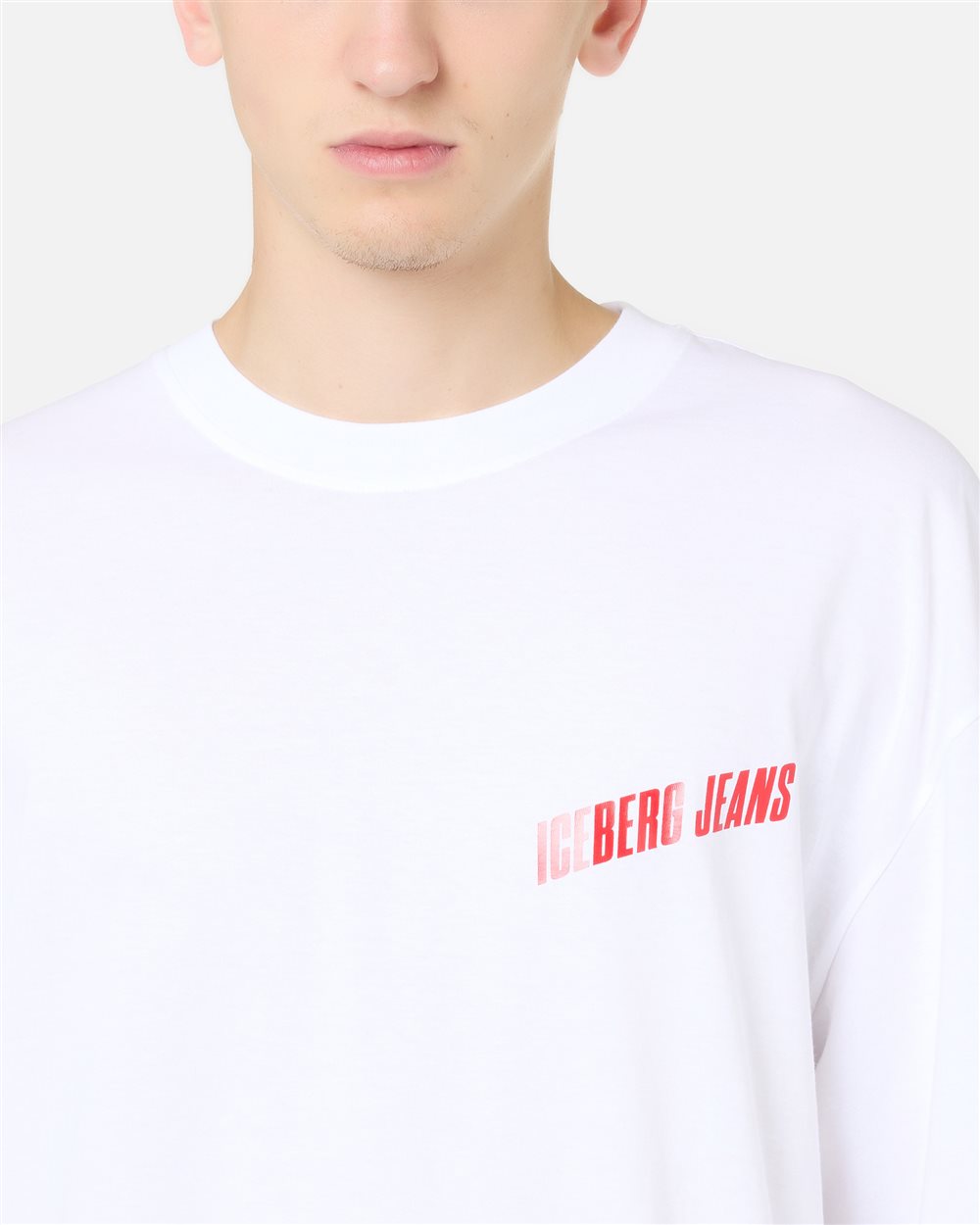 Relaxed Fit T-shirt in Optical White Cotton Jersey with Brilliant Blue Print - Iceberg - Official Website