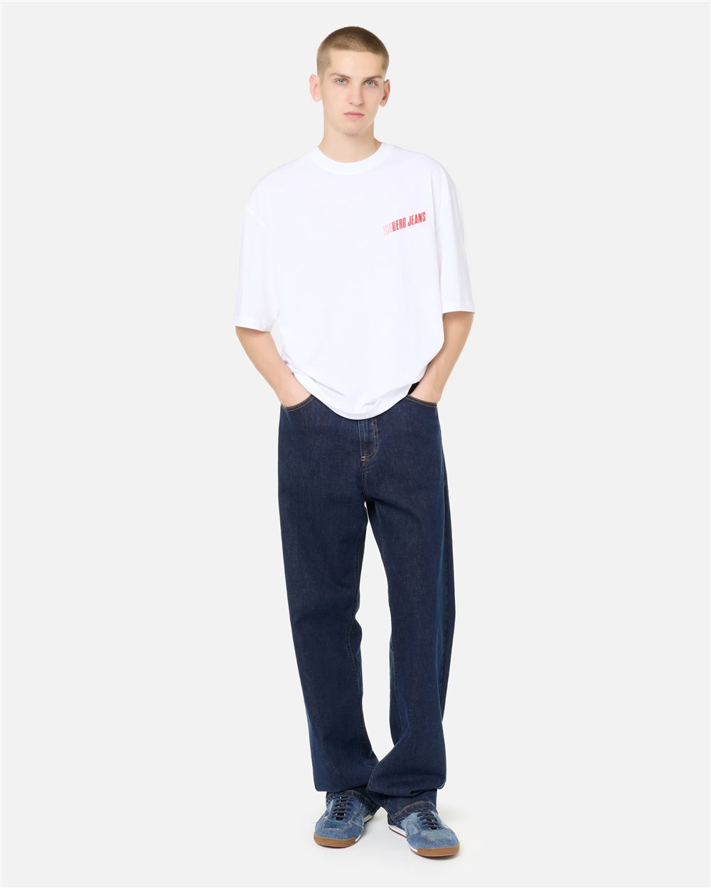 Relaxed Fit T-shirt in Optical White Cotton Jersey with Brilliant Blue Print - Iceberg - Official Website