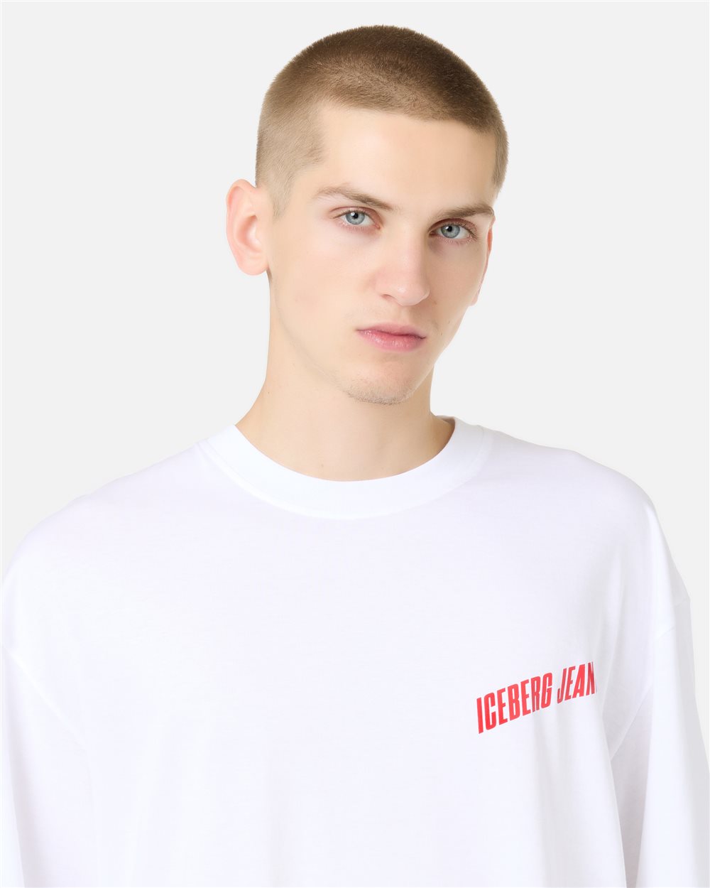 Relaxed Fit T-shirt in Optical White Cotton Jersey with Brilliant Blue Print - Iceberg - Official Website