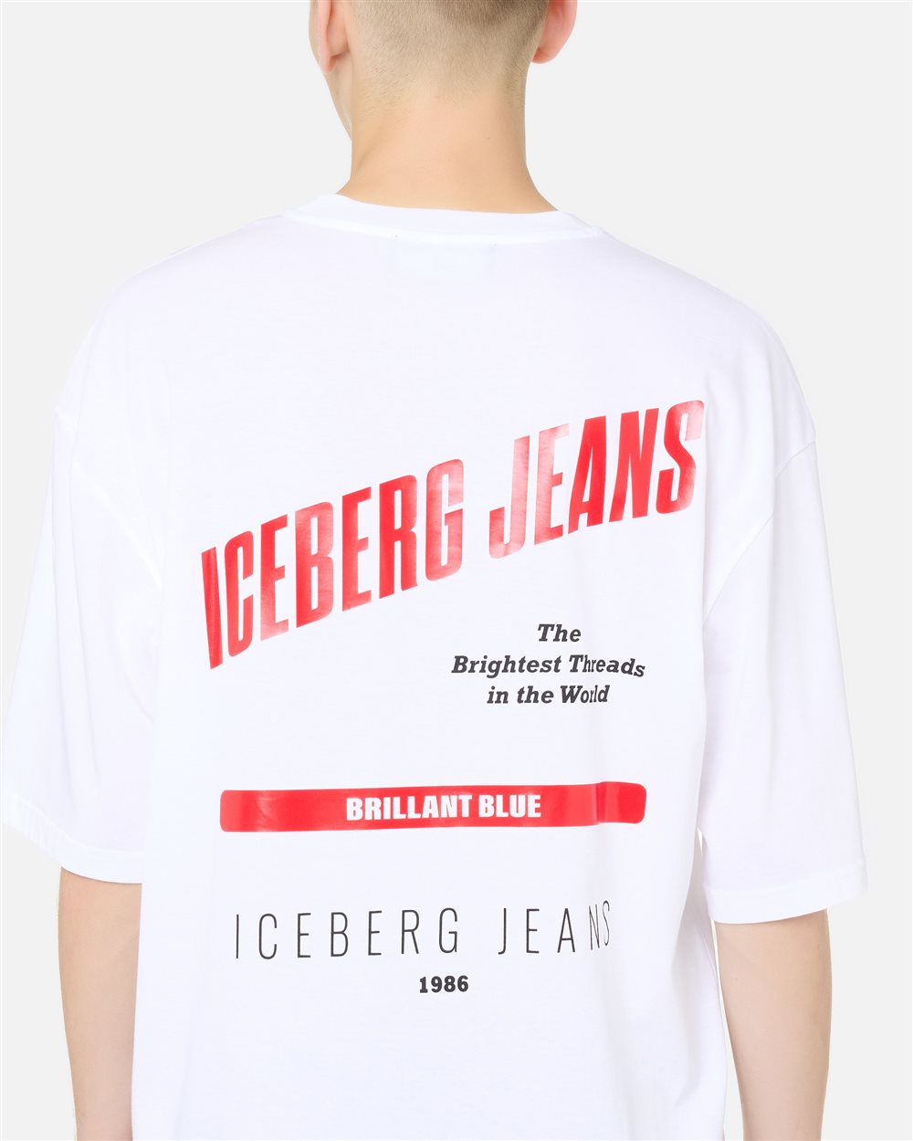 Relaxed Fit T-shirt in Optical White Cotton Jersey with Brilliant Blue Print - Iceberg - Official Website