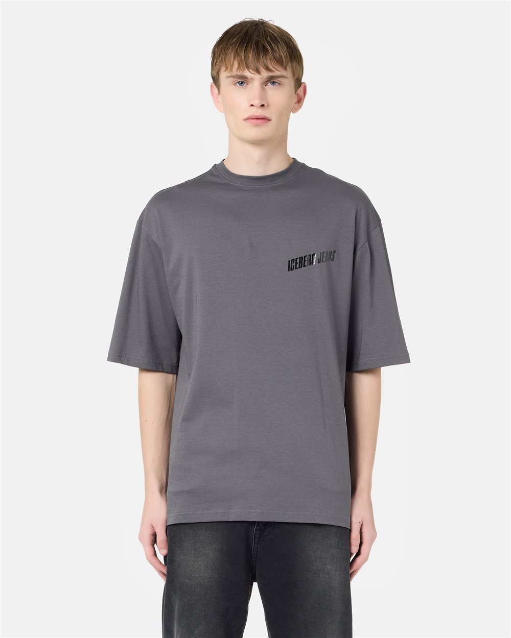 Relaxed Fit T-shirt in lead grey cotton jersey with Brilliant Blue print - Iceberg - Official Website