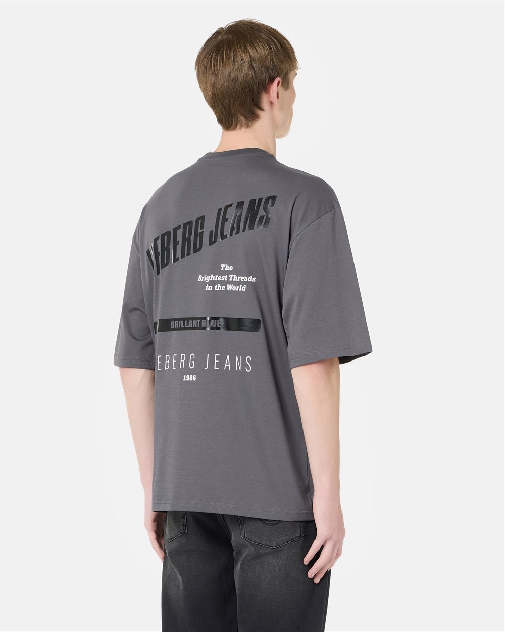 Relaxed Fit T-shirt in lead grey cotton jersey with Brilliant Blue print - Iceberg - Official Website